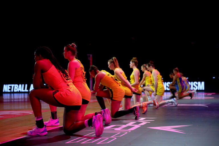 Kneel during the Vitality Super League match between Team Bath and Manchester Thunder at Studio 001, Wakefield, England on 12th March 2021.