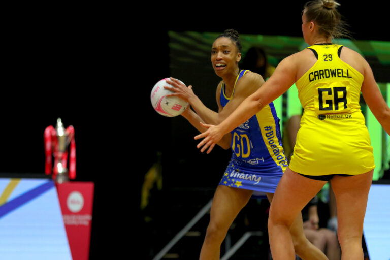 Layla Guscoth of Team Bath during the Vitality Super League match between Team Bath and Manchester Thunder at Studio 001, Wakefield, England on 12th March 2021.
