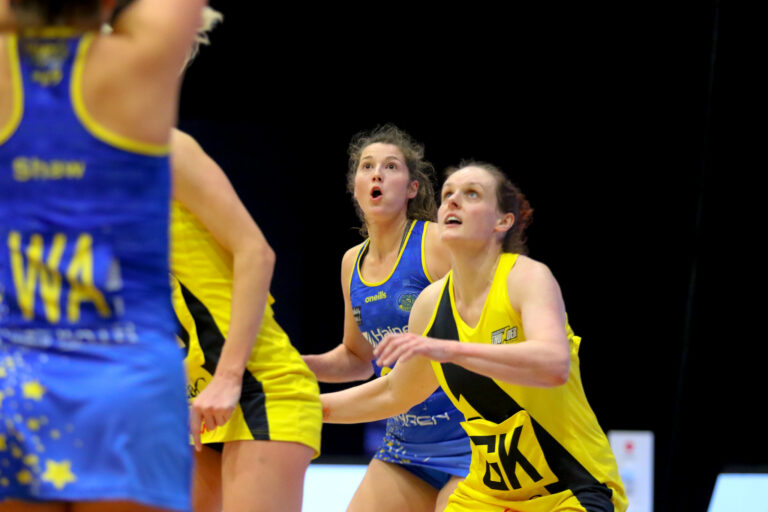 Action shot during the Vitality Super League match between Team Bath and Manchester Thunder at Studio 001, Wakefield, England on 12th March 2021.