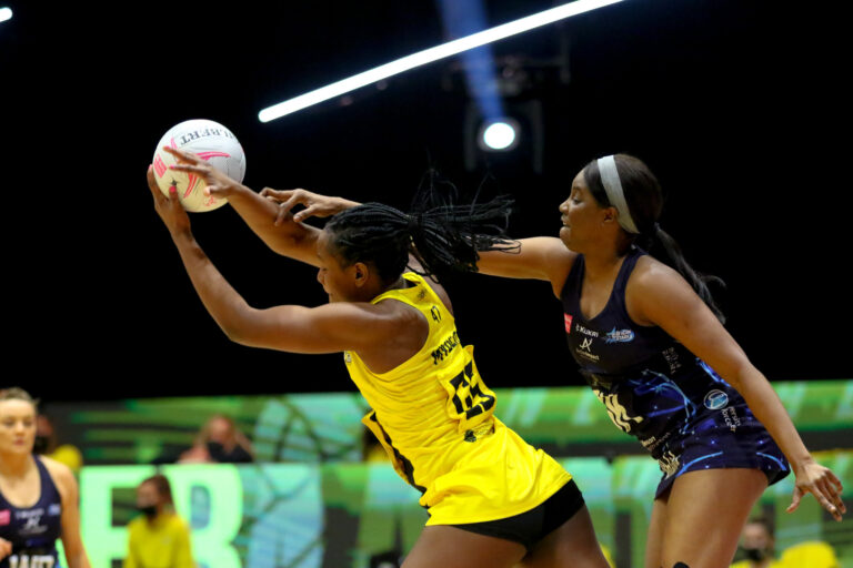 Joyce Mvula of Manchester Thunder during the Vitality Super League match between Severn Stars and Manchester Thunder at Studio 001, Wakefield, England on 28th February 2021.