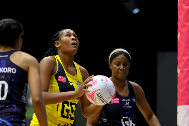 Joyce Mvula of Manchester Thunder during the Vitality Super League match between Severn Stars and Manchester Thunder at Studio 001, Wakefield, England on 28th February 2021.