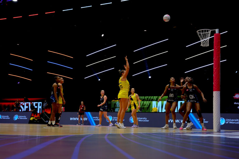 Action shot during the Vitality Super League match between Severn Stars and Manchester Thunder at Studio 001, Wakefield, England on 28th February 2021.