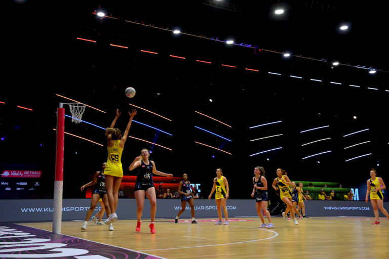 Action shot during the Vitality Super League match between Severn Stars and Manchester Thunder at Studio 001, Wakefield, England on 28th February 2021.