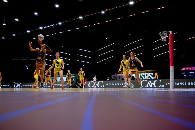 Action shot during the Vitality Super League match between Manchester Thunder and Wasps Netball at Studio 001, Wakefield, England on 13th March 2021.