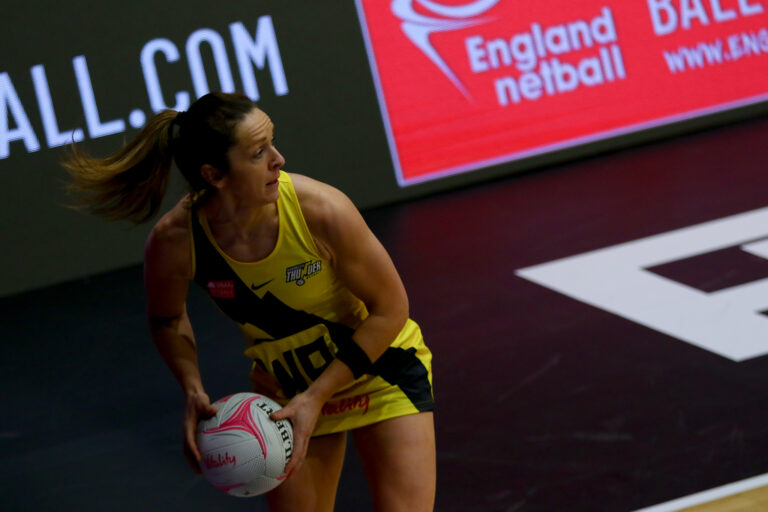 Caroline O’Hanlon of Manchester Thunder during the Vitality Super League match between Manchester Thunder and Wasps Netball at Studio 001, Wakefield, England on 13th March 2021.