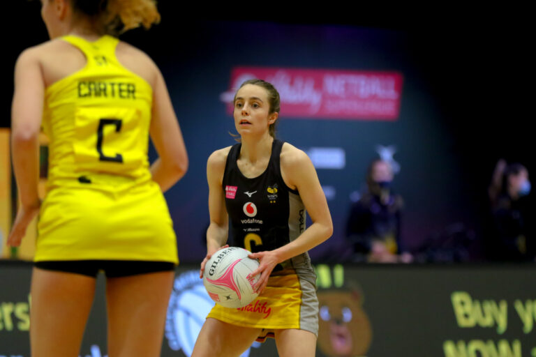Iona Christian of Wasps Netball during the Vitality Super League match between Manchester Thunder and Wasps Netball at Studio 001, Wakefield, England on 13th March 2021.