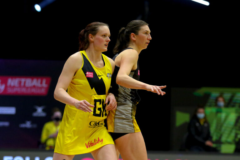 Action shot during the Vitality Super League match between Manchester Thunder and Wasps Netball at Studio 001, Wakefield, England on 13th March 2021.