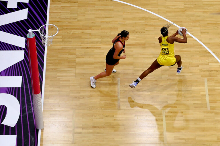 Action shotduring the Vitality Super League match between Saracens Mavericks and Manchester Thunder at Studio 001, Wakefield, England on 5th April 2021.