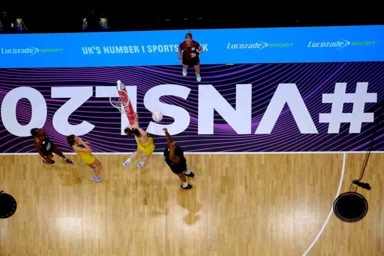 Action shotduring the Vitality Super League match between Saracens Mavericks and Manchester Thunder at Studio 001, Wakefield, England on 5th April 2021.