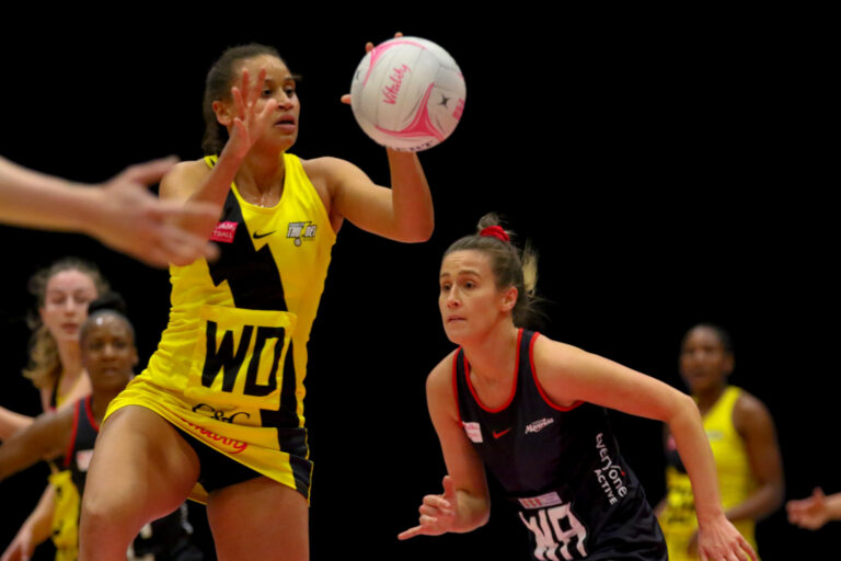 Action shot during the Vitality Super League match between Saracens Mavericks and Manchester Thunder at Studio 001, Wakefield, England on 5th April 2021.