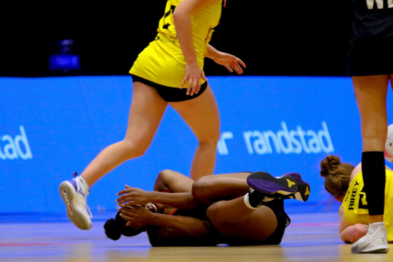 Action shot during the Vitality Super League match between Saracens Mavericks and Manchester Thunder at Studio 001, Wakefield, England on 5th April 2021.