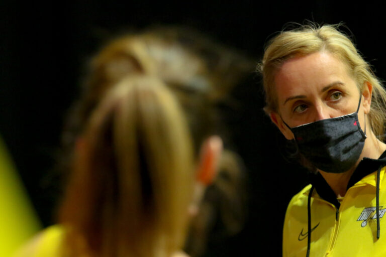 Action shot during the Vitality Super League match between Saracens Mavericks and Manchester Thunder at Studio 001, Wakefield, England on 5th April 2021.