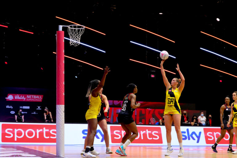Action shot during the Vitality Super League match between Saracens Mavericks and Manchester Thunder at Studio 001, Wakefield, England on 5th April 2021.