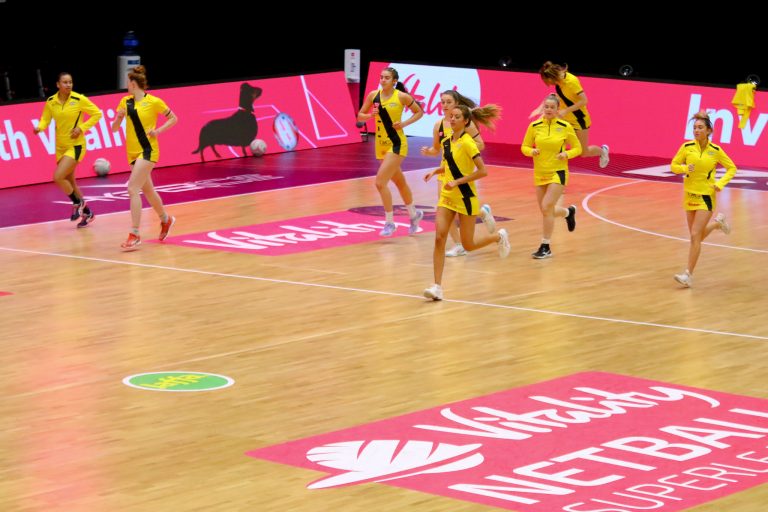 Action shot during the Vitality Super League match between Surrey Storm and Manchester Thunder at Studio 001, Wakefield, England on 11th April 2021.