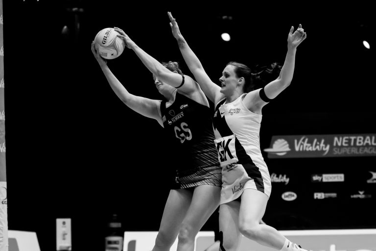 Action shot during the Vitality Super League match between Surrey Storm and Manchester Thunder at Studio 001, Wakefield, England on 11th April 2021.