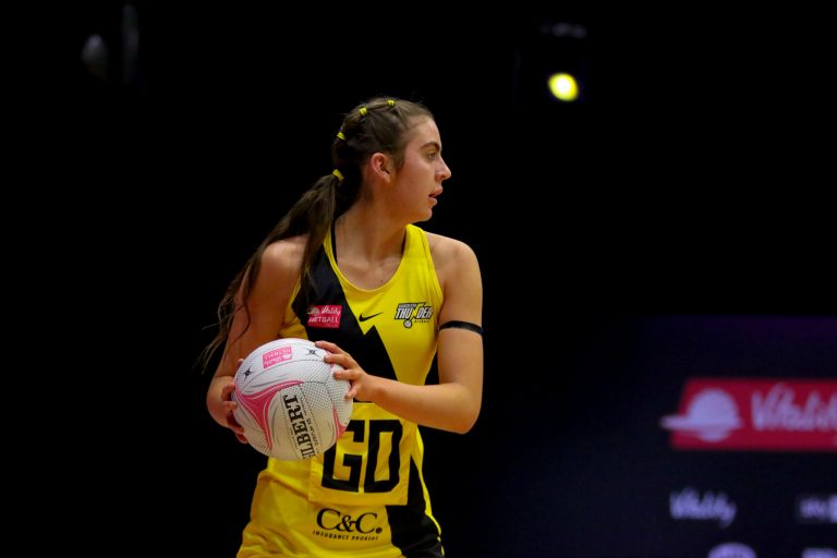 Action shot during the Vitality Super League match between Surrey Storm and Manchester Thunder at Studio 001, Wakefield, England on 11th April 2021.