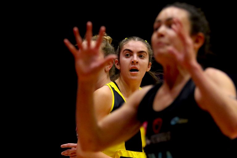 Action shot during the Vitality Super League match between Surrey Storm and Manchester Thunder at Studio 001, Wakefield, England on 11th April 2021.