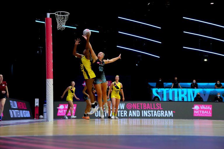 Action shot during the Vitality Super League match between Surrey Storm and Manchester Thunder at Studio 001, Wakefield, England on 11th April 2021.