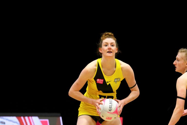Action shot during the Vitality Super League match between Surrey Storm and Manchester Thunder at Studio 001, Wakefield, England on 11th April 2021.