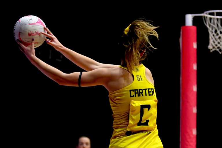 Action shot during the Vitality Super League match between Surrey Storm and Manchester Thunder at Studio 001, Wakefield, England on 11th April 2021.