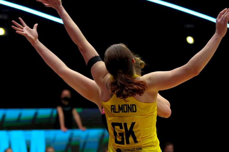 Action shot during the Vitality Super League match between Surrey Storm and Manchester Thunder at Studio 001, Wakefield, England on 11th April 2021.
