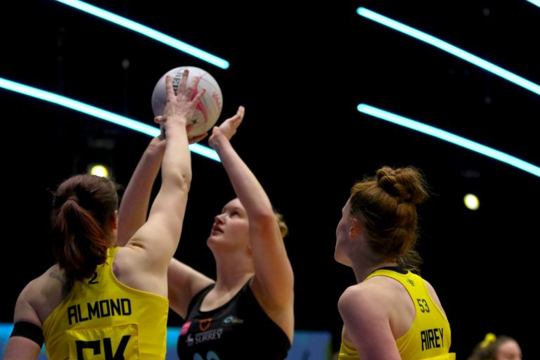 Action shot during the Vitality Super League match between Surrey Storm and Manchester Thunder at Studio 001, Wakefield, England on 11th April 2021.