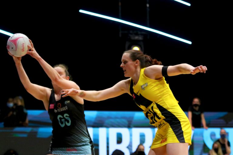 Action shot during the Vitality Super League match between Surrey Storm and Manchester Thunder at Studio 001, Wakefield, England on 11th April 2021.