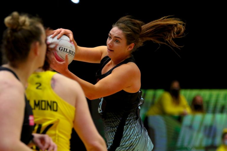 Action shot during the Vitality Super League match between Surrey Storm and Manchester Thunder at Studio 001, Wakefield, England on 11th April 2021.