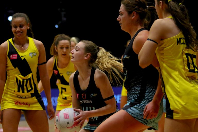 Action shot during the Vitality Super League match between Surrey Storm and Manchester Thunder at Studio 001, Wakefield, England on 11th April 2021.