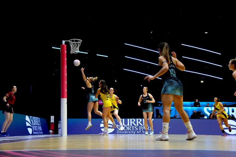 Action shot during the Vitality Super League match between Surrey Storm and Manchester Thunder at Studio 001, Wakefield, England on 11th April 2021.
