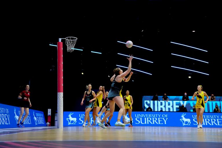 Action shot during the Vitality Super League match between Surrey Storm and Manchester Thunder at Studio 001, Wakefield, England on 11th April 2021.