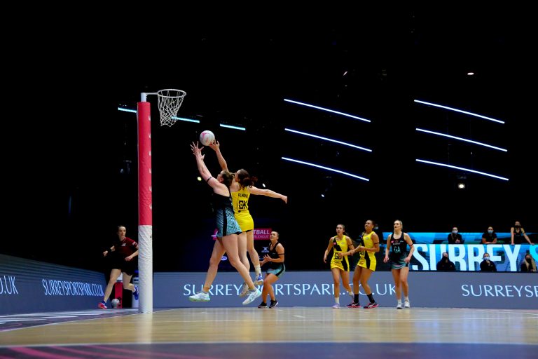 Action shot during the Vitality Super League match between Surrey Storm and Manchester Thunder at Studio 001, Wakefield, England on 11th April 2021.
