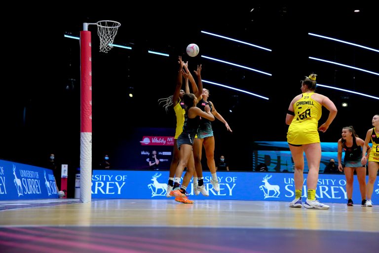 Action shot during the Vitality Super League match between Surrey Storm and Manchester Thunder at Studio 001, Wakefield, England on 11th April 2021.
