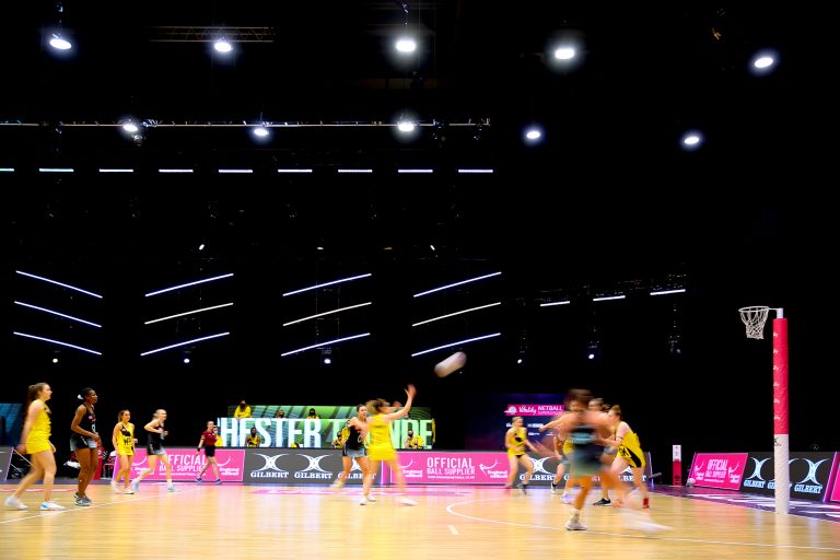 Action shot during the Vitality Super League match between Surrey Storm and Manchester Thunder at Studio 001, Wakefield, England on 11th April 2021.