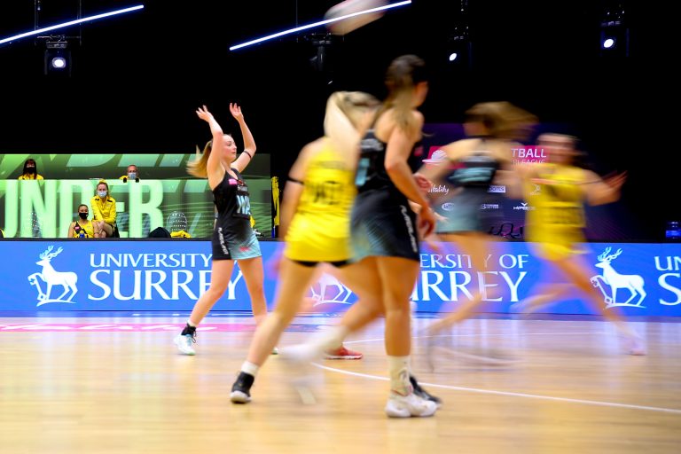 Action shot during the Vitality Super League match between Surrey Storm and Manchester Thunder at Studio 001, Wakefield, England on 11th April 2021.