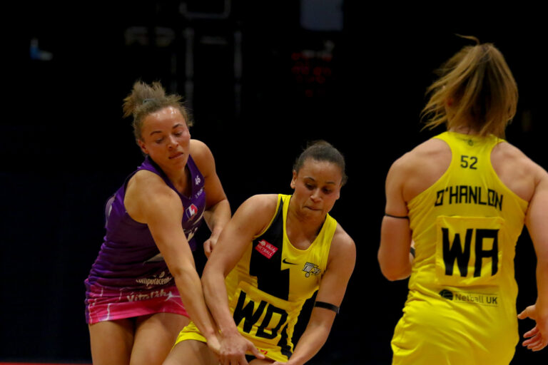 Action shot during the Vitality Super League match between Manchester Thunder and Loughborough Lightning at Studio 001, Wakefield, England on 4th April 2021.