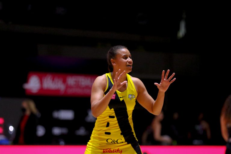 Action shot during Vitality Super League match between Manchester Thunder and Saracen Mavericks at Copper Box Arena, London, England on 16th May 2021.