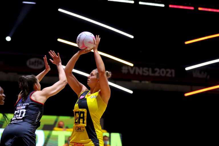 Action shot during Vitality Super League match between Manchester Thunder and Saracen Mavericks at Copper Box Arena, London, England on 16th May 2021.