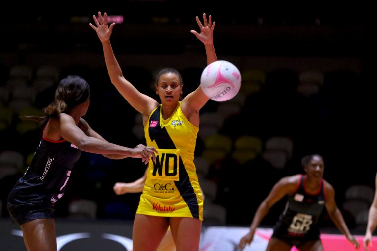 Action shot during Vitality Super League match between Manchester Thunder and Saracen Mavericks at Copper Box Arena, London, England on 16th May 2021.