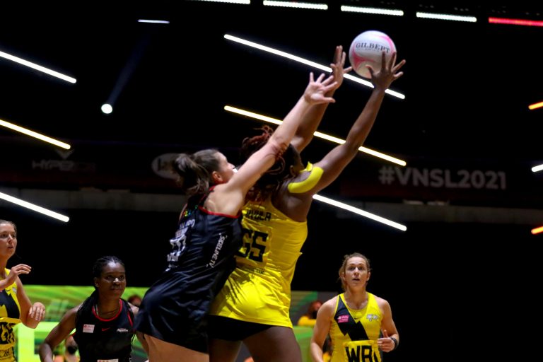 Action shot during Vitality Super League match between Manchester Thunder and Saracen Mavericks at Copper Box Arena, London, England on 16th May 2021.
