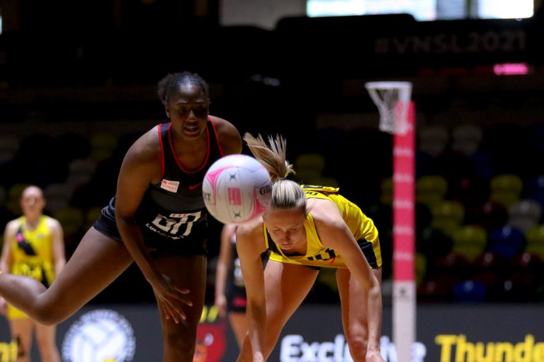 Action shot during Vitality Super League match between Manchester Thunder and Saracen Mavericks at Copper Box Arena, London, England on 16th May 2021.