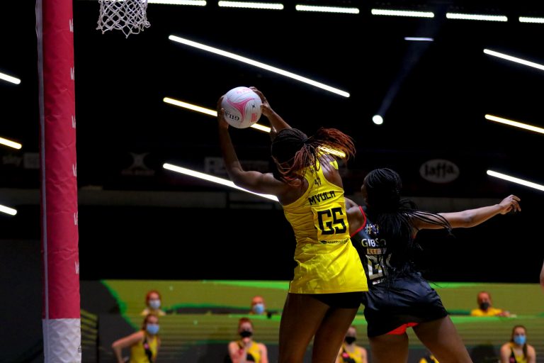 Action shot during Vitality Super League match between Manchester Thunder and Saracen Mavericks at Copper Box Arena, London, England on 16th May 2021.