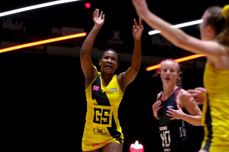 Action shot during Vitality Super League match between Manchester Thunder and Saracen Mavericks at Copper Box Arena, London, England on 16th May 2021.