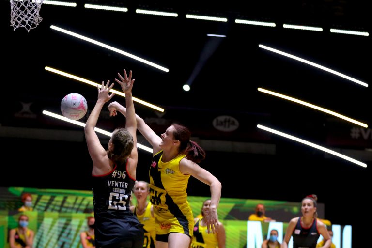 Action shot during Vitality Super League match between Manchester Thunder and Saracen Mavericks at Copper Box Arena, London, England on 16th May 2021.
