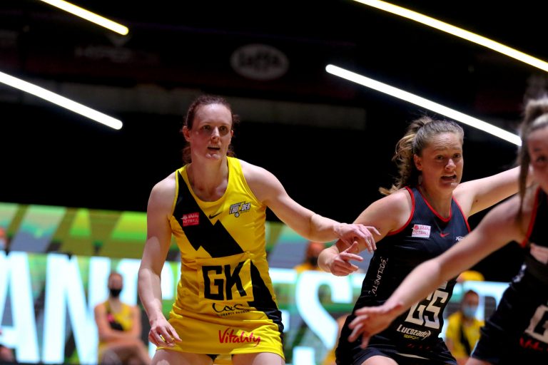 Action shot during Vitality Super League match between Manchester Thunder and Saracen Mavericks at Copper Box Arena, London, England on 16th May 2021.