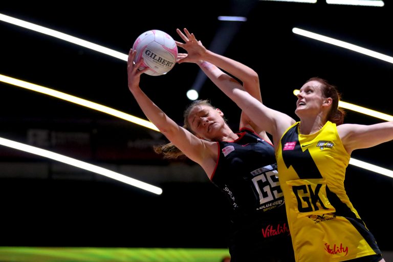 Action shot during Vitality Super League match between Manchester Thunder and Saracen Mavericks at Copper Box Arena, London, England on 16th May 2021.
