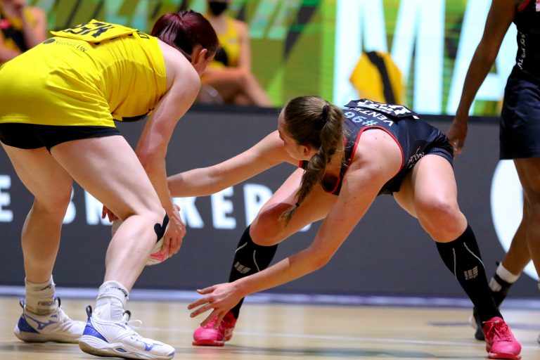 Ine-Mari Venter of Saracens Mavericks during Vitality Super League match between Manchester Thunder and Saracen Mavericks at Copper Box Arena, London, England on 16th May 2021.