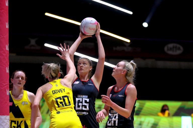 Action shot during Vitality Super League match between Manchester Thunder and Saracen Mavericks at Copper Box Arena, London, England on 16th May 2021.