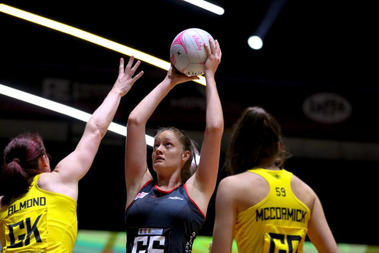 Ine-Mari Venter of Saracens Mavericks during Vitality Super League match between Manchester Thunder and Saracen Mavericks at Copper Box Arena, London, England on 16th May 2021.