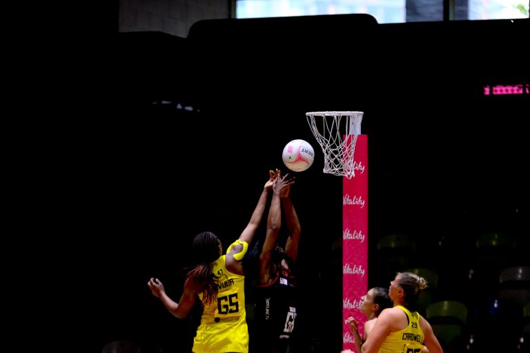 Action shot during Vitality Super League match between Manchester Thunder and Saracen Mavericks at Copper Box Arena, London, England on 16th May 2021.